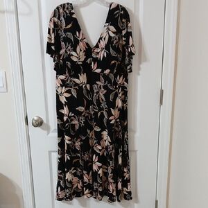 American Rag Black and Coral Tropical Floral Midi Dress